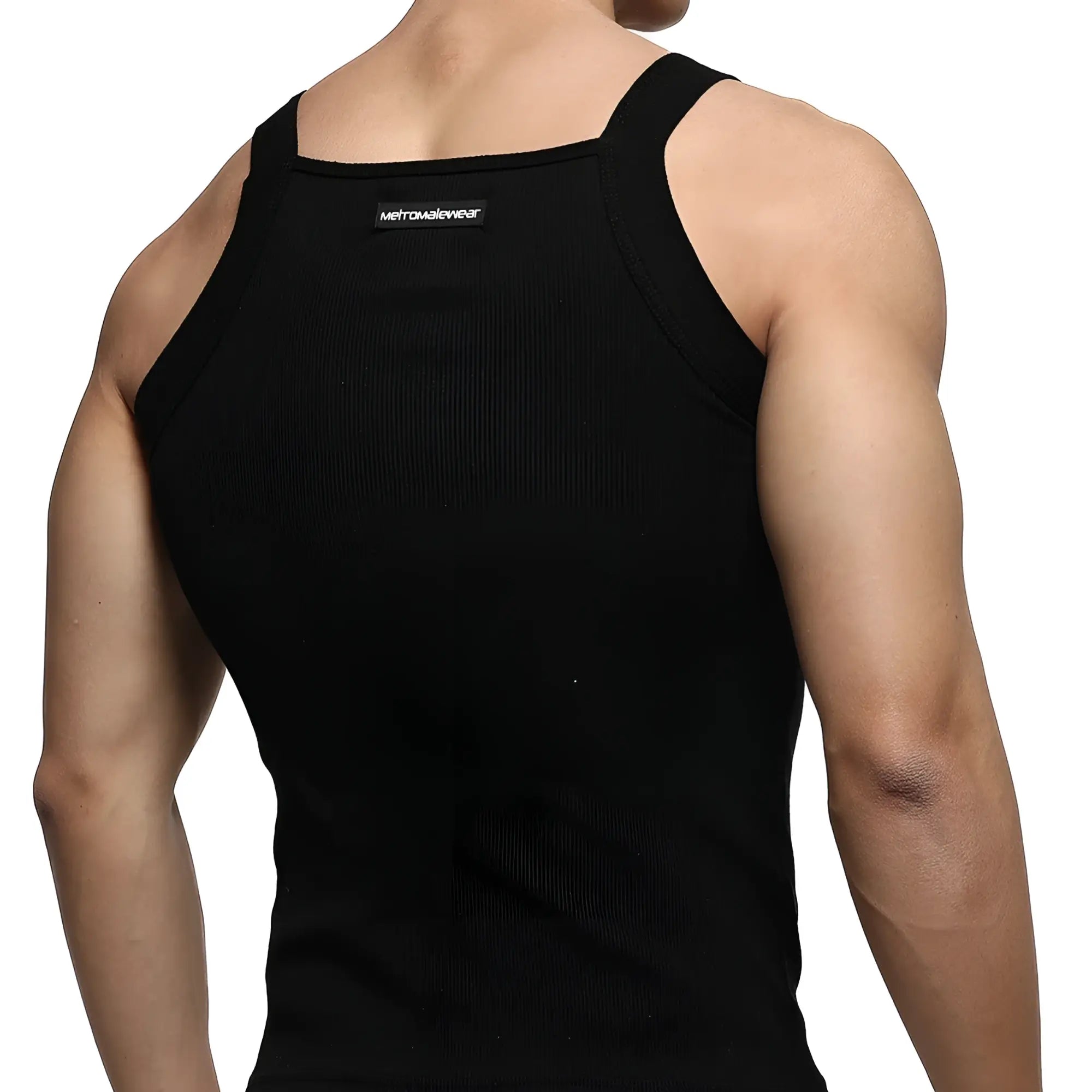 Back view of black metroMalewear ribbed tank top with square neckline and shoulder straps showing brand label