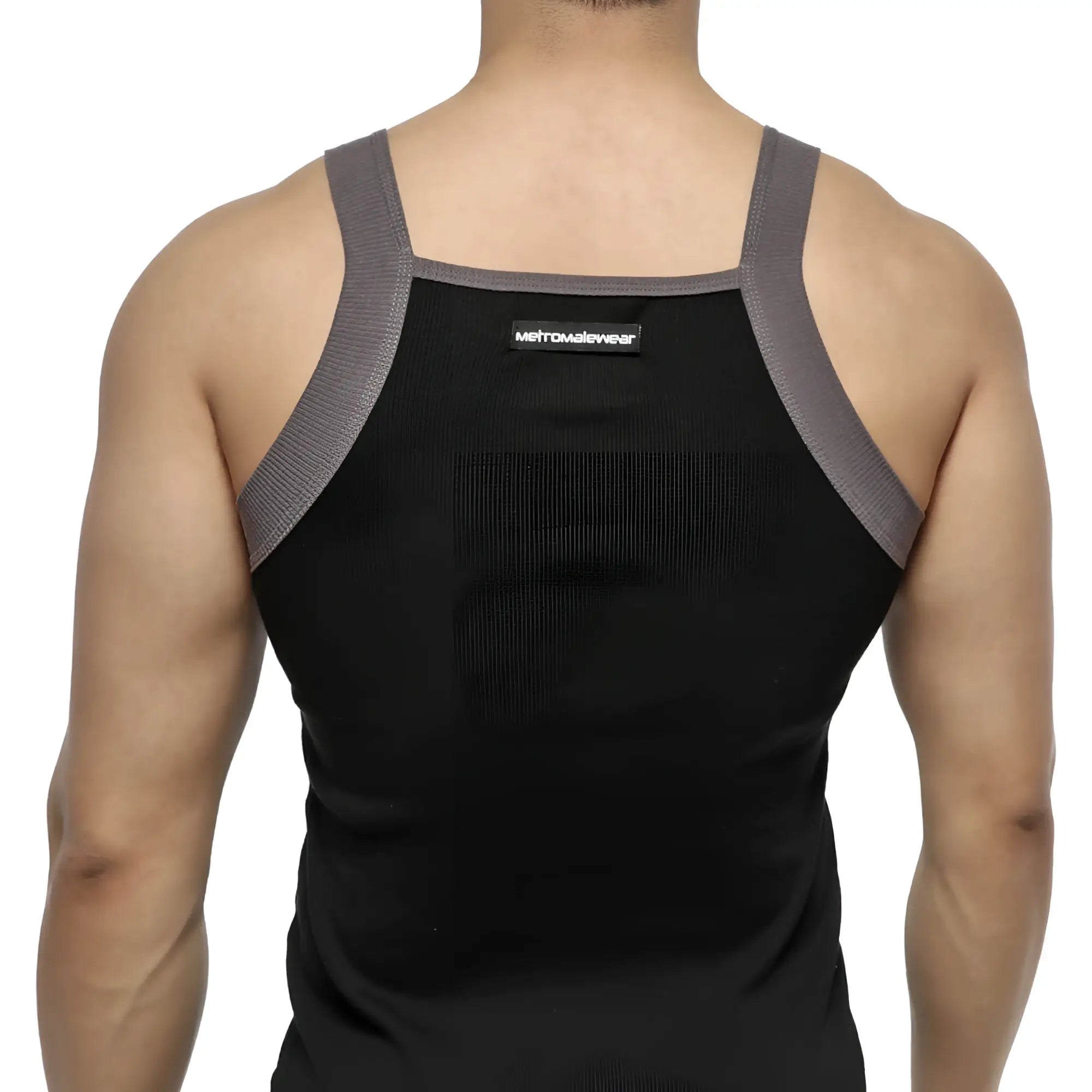 Black and gray MetroMaleWear athletic tank top with ribbed shoulder straps designed for active wear