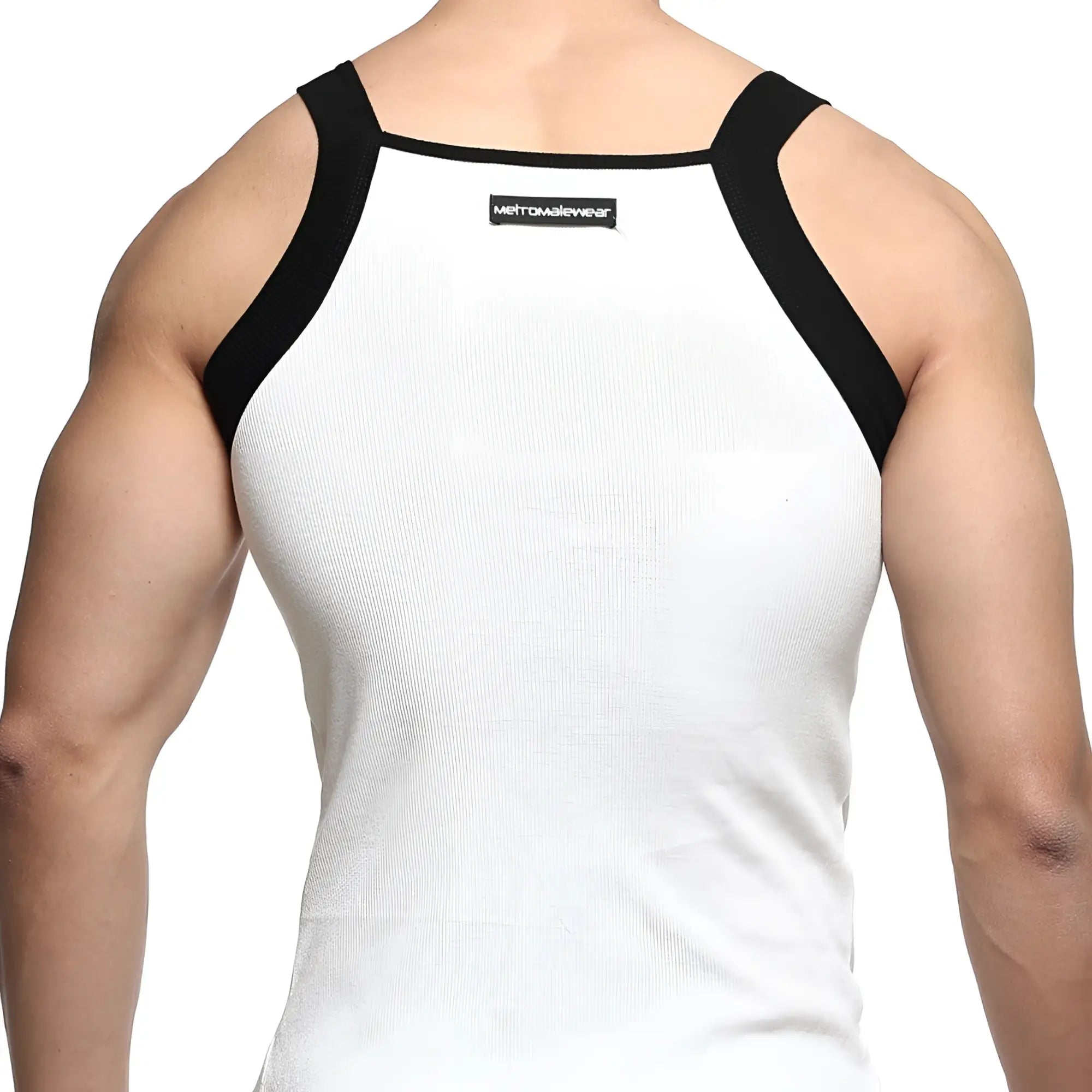 Back view of metro male wear square cut white ribbed tank top with black shoulder straps and brand label
