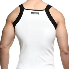 Back view of metro male wear square cut white ribbed tank top with black shoulder straps and brand label