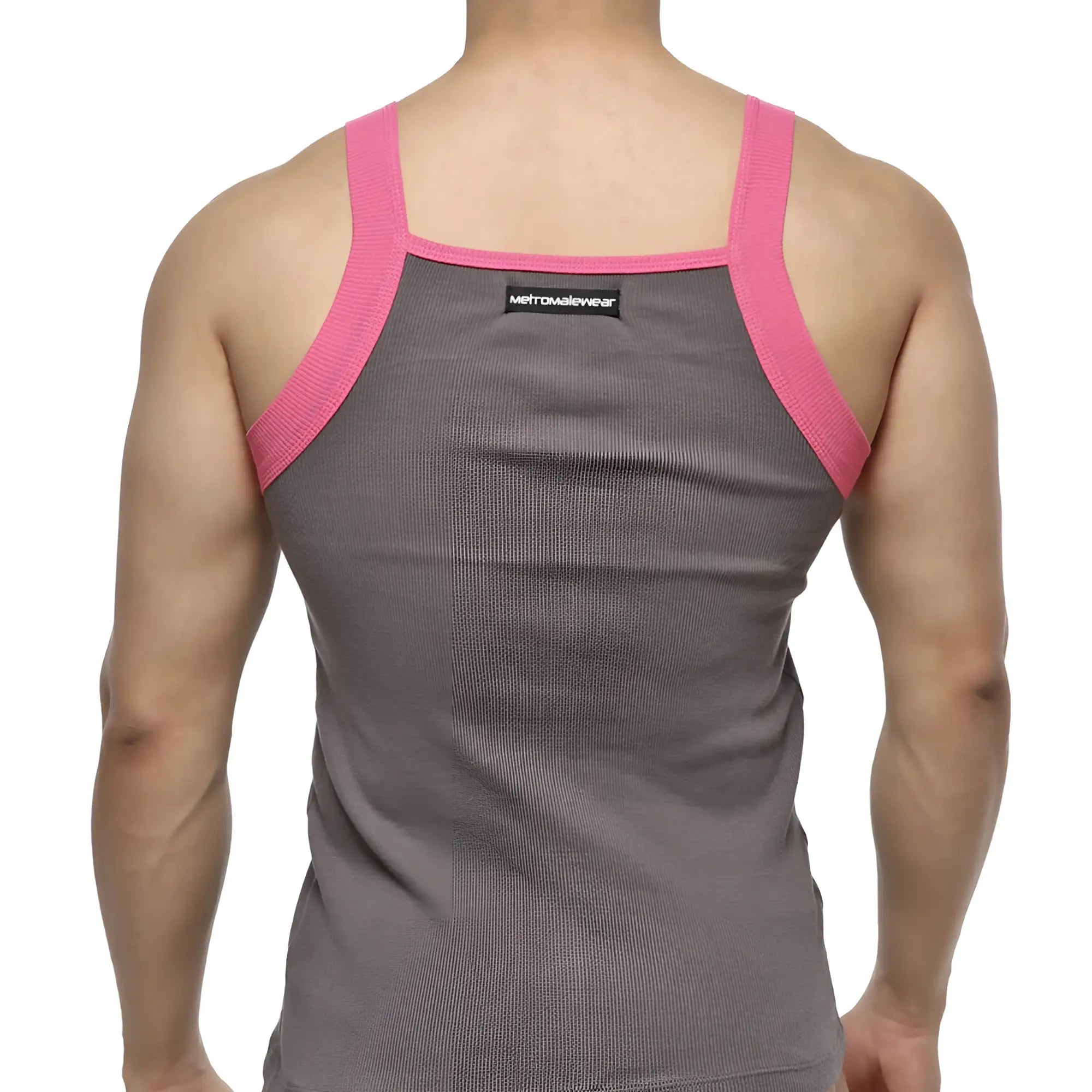 Gray ribbed square cut tank top with pink shoulder straps and black metromallwear tag on the back