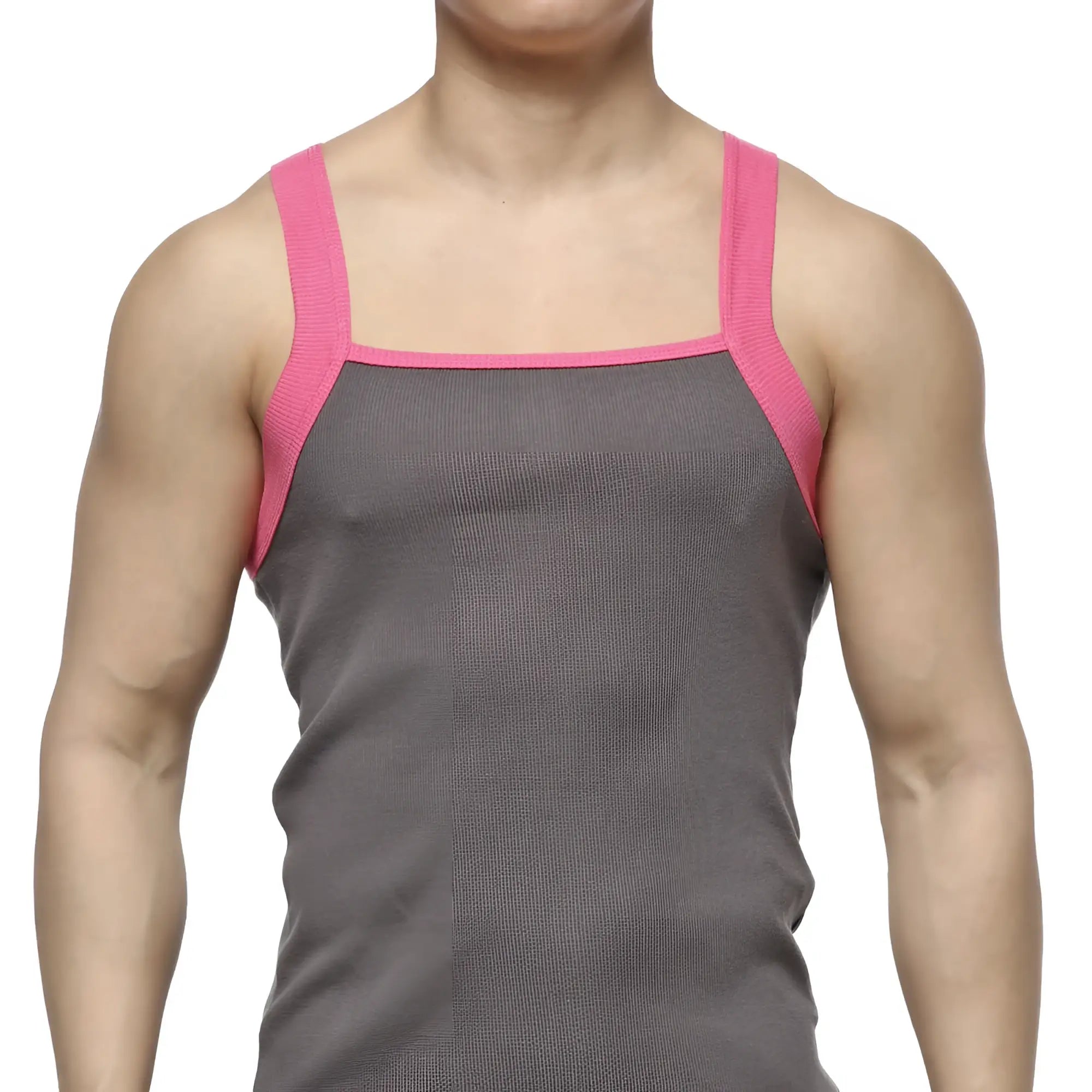 MetroMaleWear square cut tank top gray ribbed fabric with pink trim on straps and neckline for casual wear
