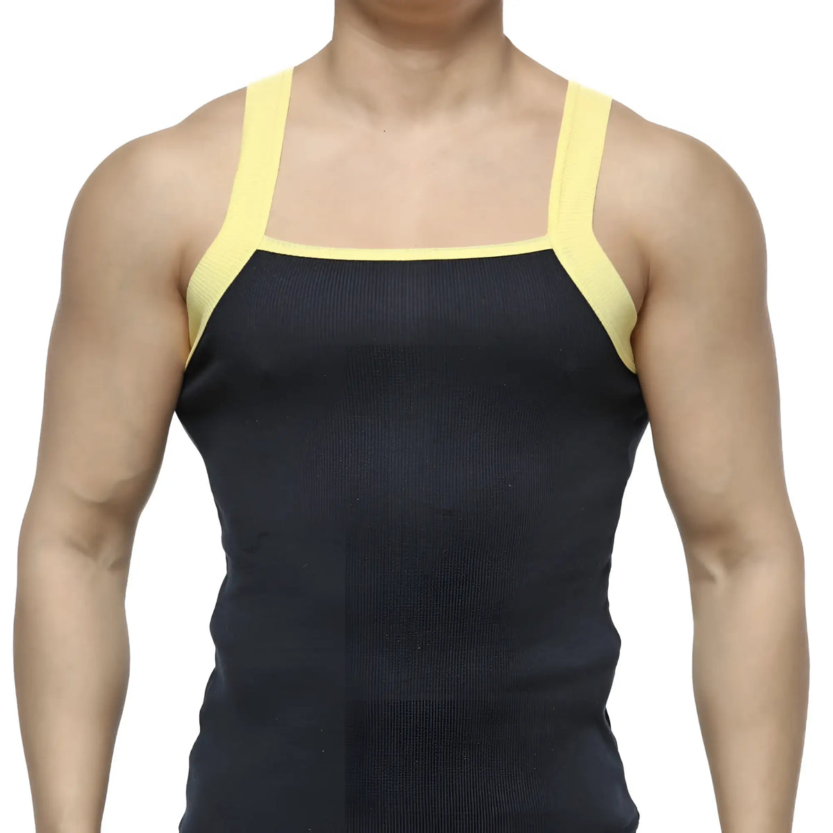 MetroMaleWear square cut tank top in navy ribbed fabric with contrasting yellow shoulder straps for casual wear