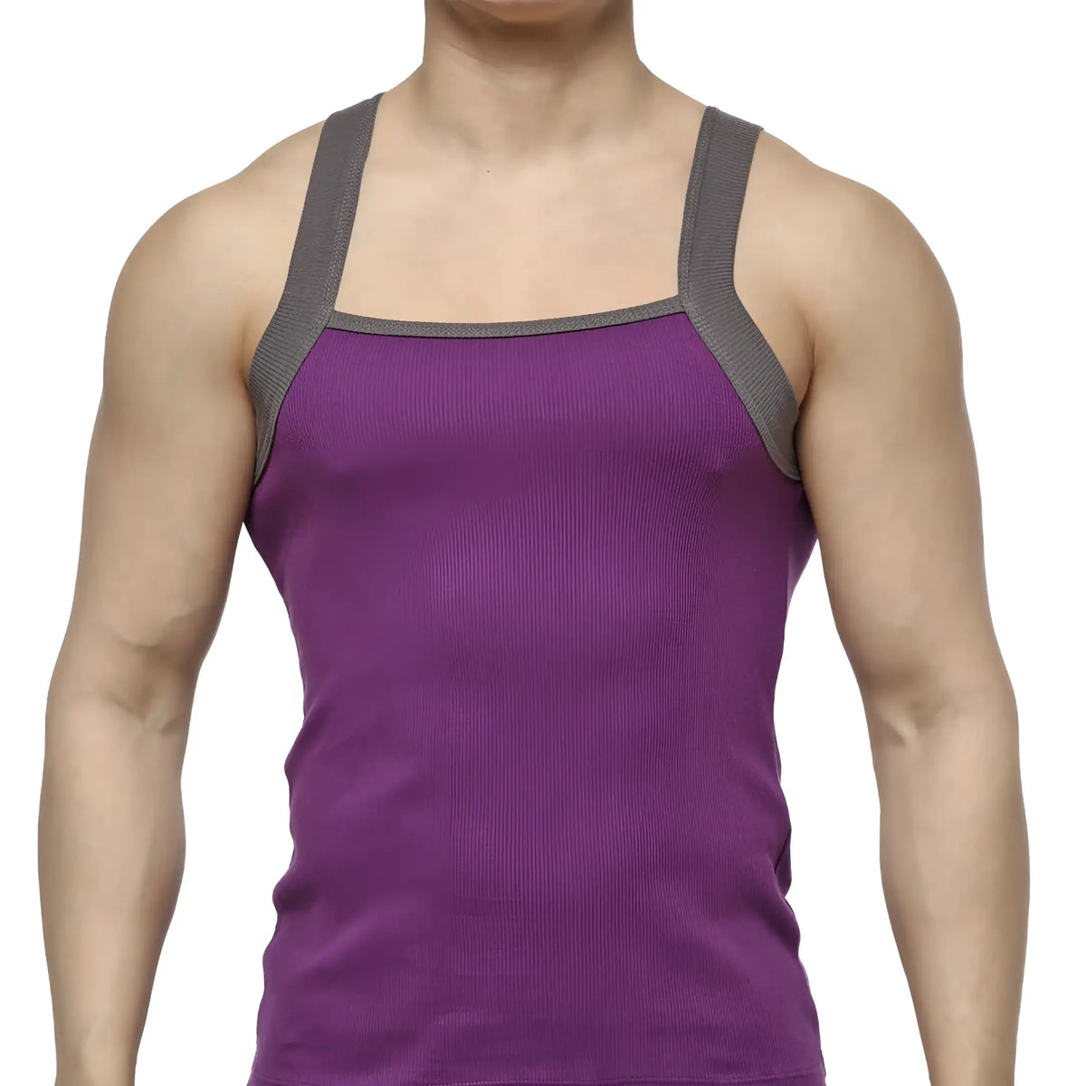 Purple metroMalewear square cut ribbed tank top with gray shoulder straps for casual wear