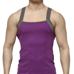 Purple metroMalewear square cut ribbed tank top with gray shoulder straps for casual wear