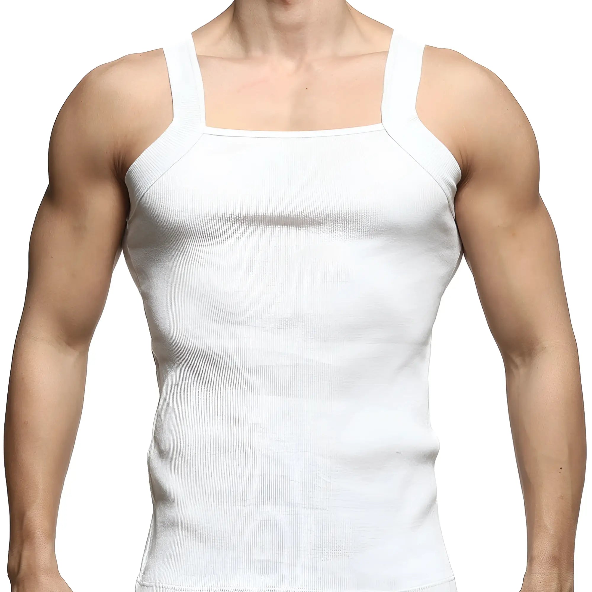 White ribbed cotton tank top with square neckline and wide shoulder straps from MetroMaleWear