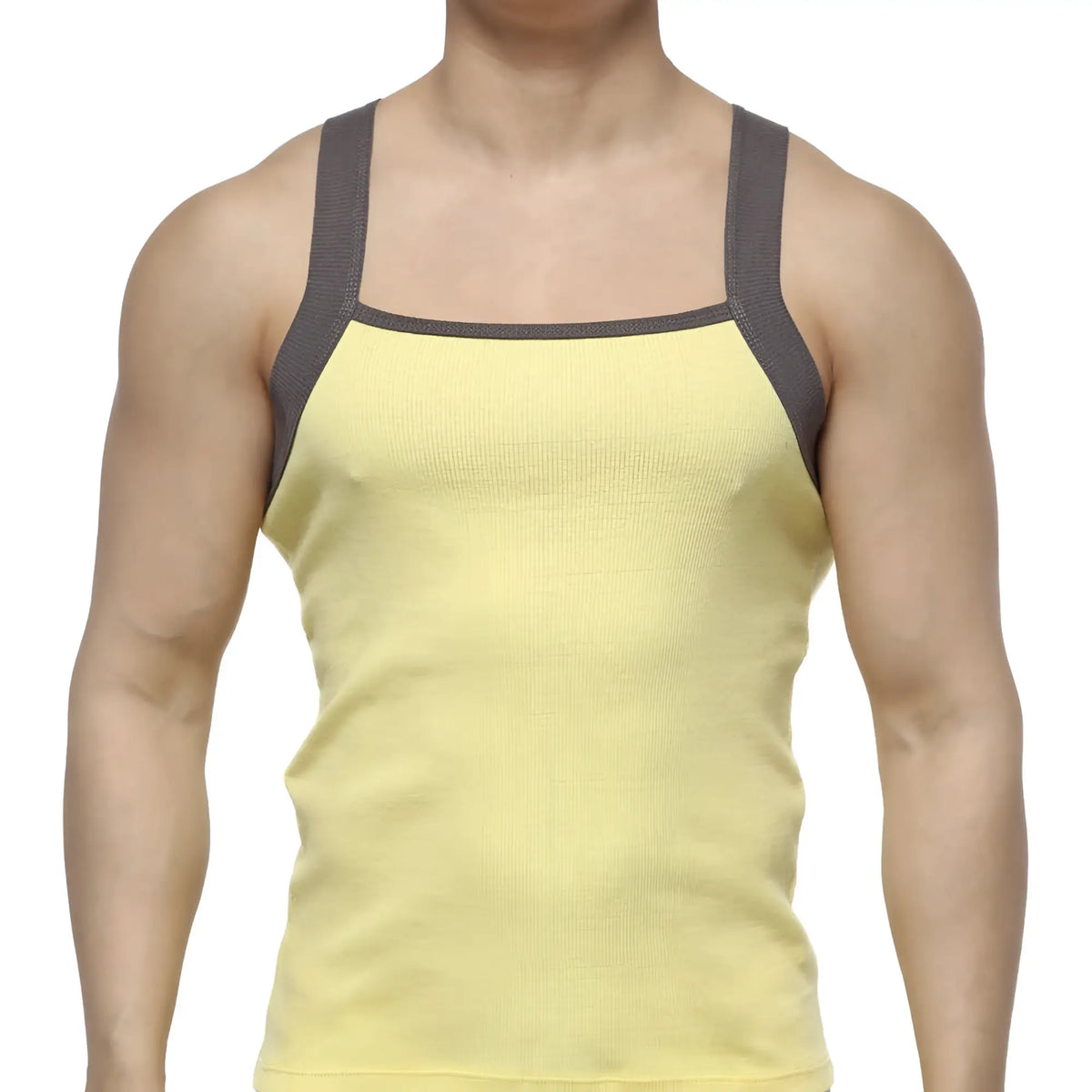 Yellow ribbed tank top with dark gray shoulder straps from MetroMaleWear square cut tank top 3125-15