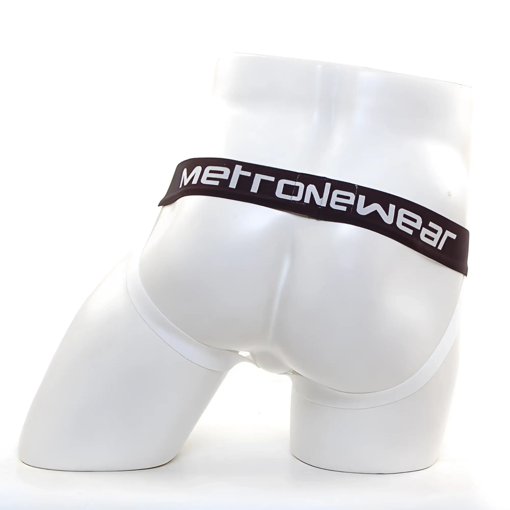 White metronewear briefs with black waistband featuring white lettering from metromalewear star jock strap ivory 3001-37