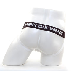 White metronewear briefs with black waistband featuring white lettering from metromalewear star jock strap ivory 3001-37
