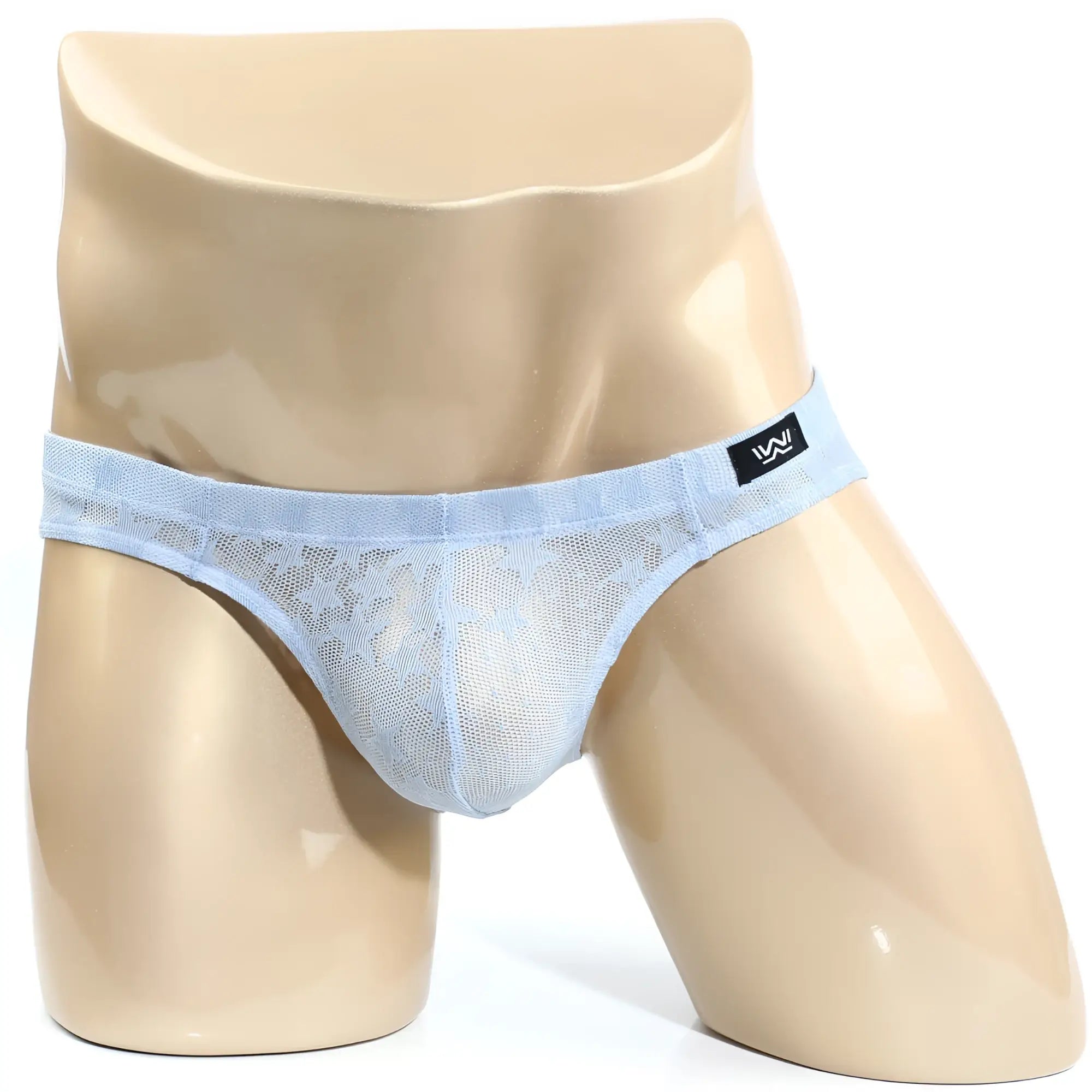 Light blue lace-trimmed mens briefs with mesh design and black brand tag from MetroMaleWear Stardust Bikini 5103-M52