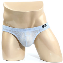 Light blue lace-trimmed mens briefs with mesh design and black brand tag from MetroMaleWear Stardust Bikini 5103-M52