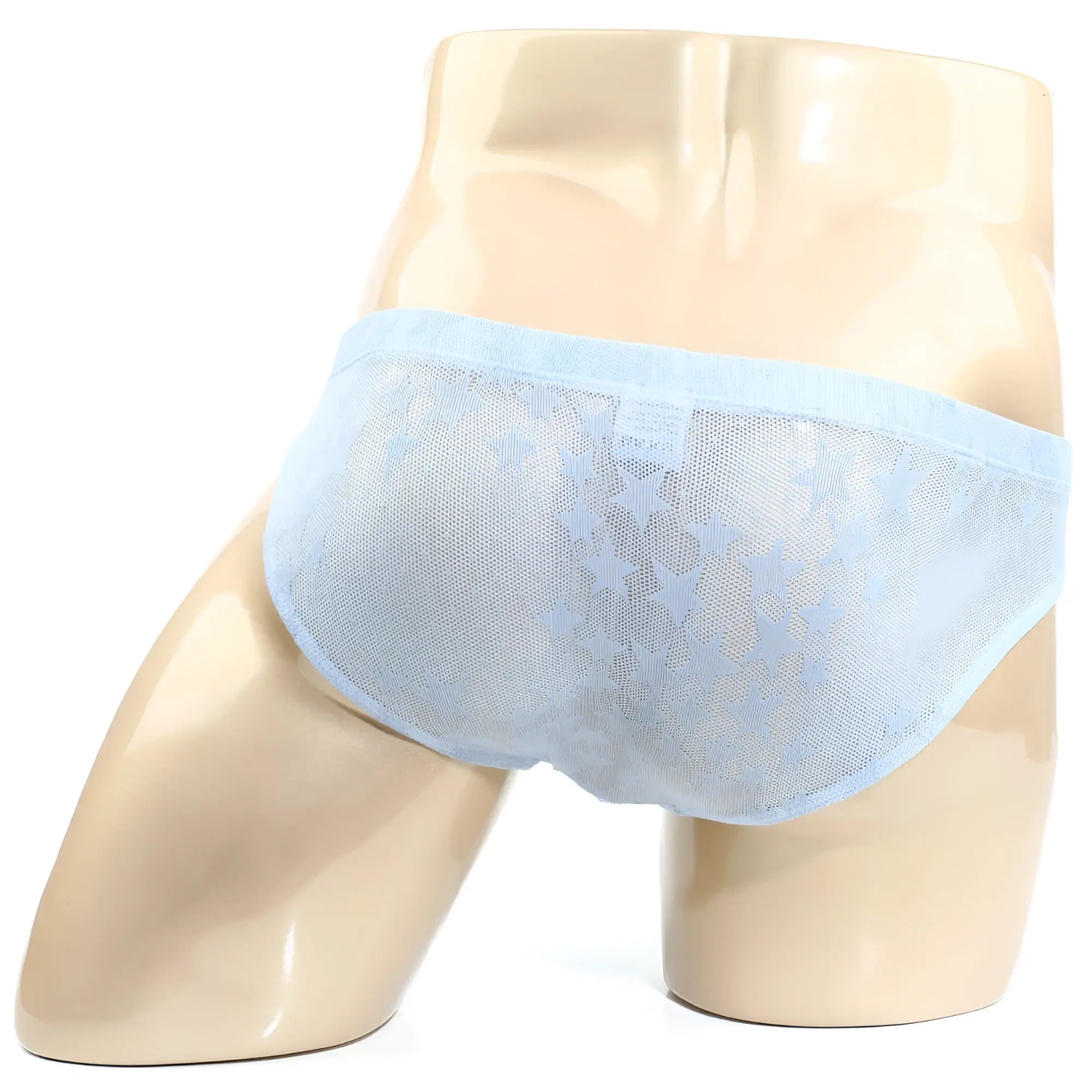Light blue sheer lace briefs with a delicate star pattern and elastic waistband from MetroMaleWear Stardust Bikini 5103-M52