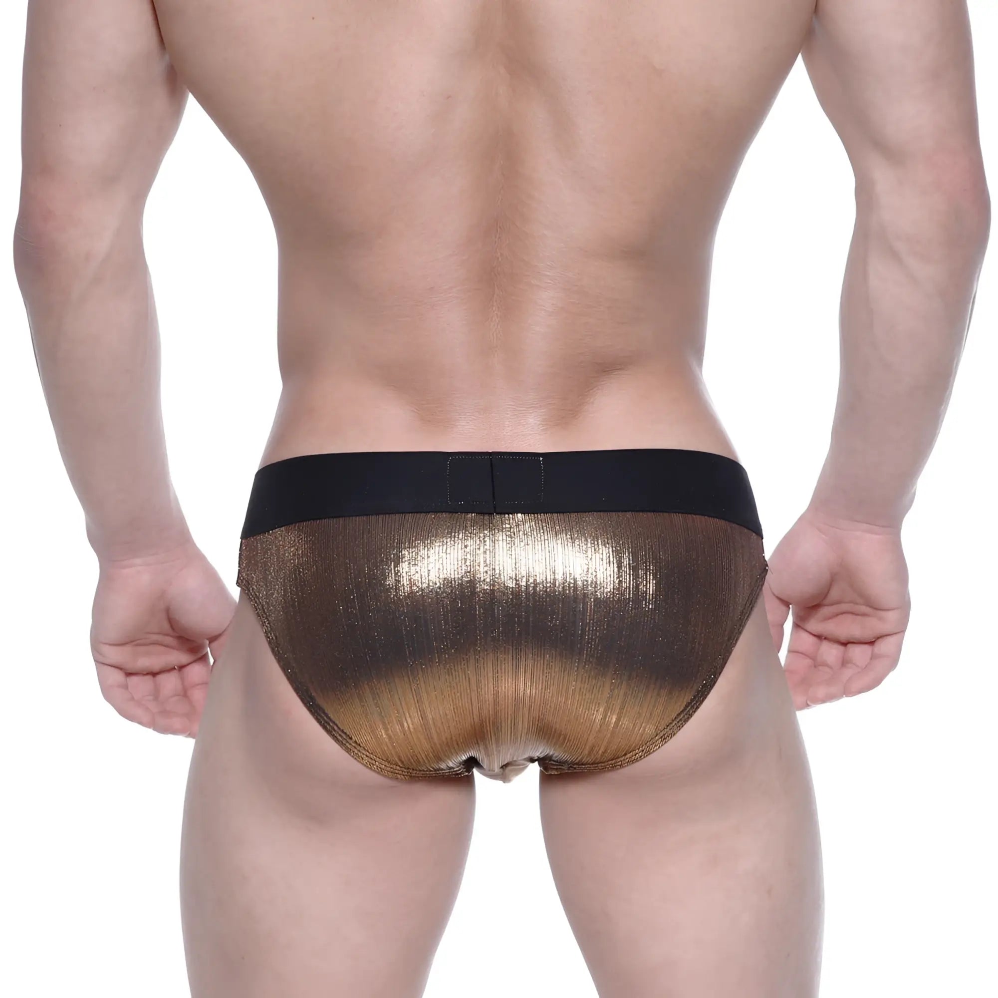MetroMaleWear STARS swim brief gold shiny metallic gold fabric with black elastic waistband for men