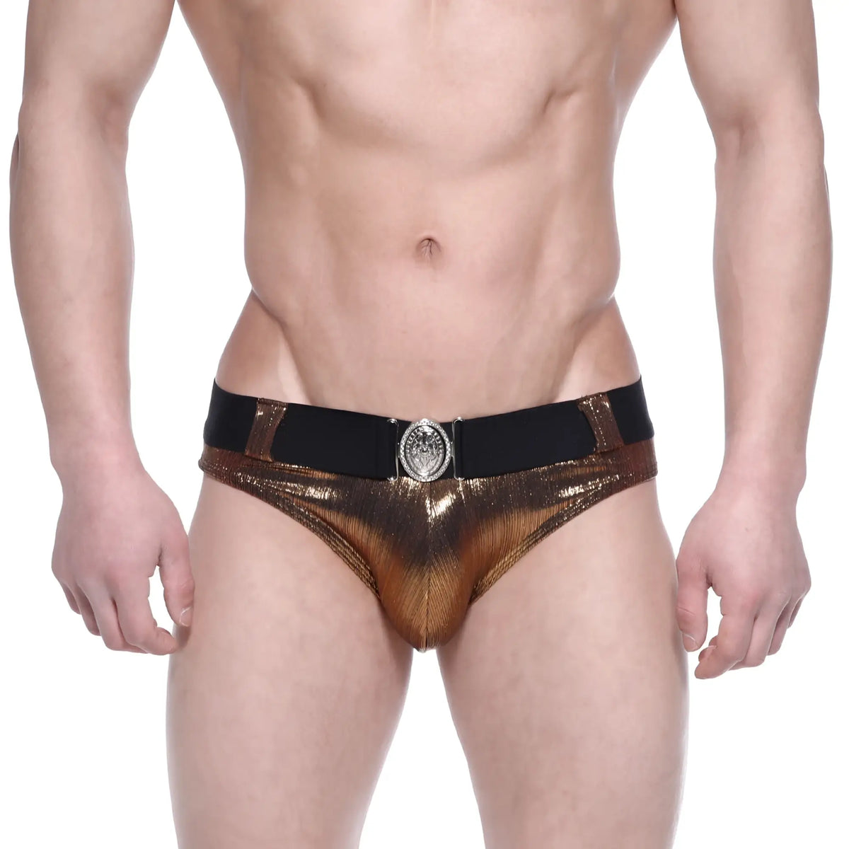 MetroMalewear stars shiny gold metallic swim briefs with black elastic waistband and silver ornate buckle