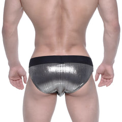 Metallic silver shiny swim briefs with black elastic waistband by metromalewear stars model 4946-33