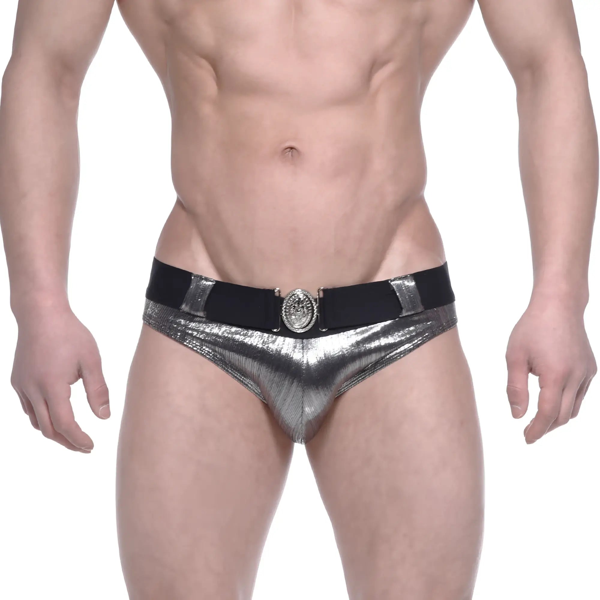 MetroMaleWear stars swim brief silver shiny metallic with black elastic waistband and ornate circular buckle