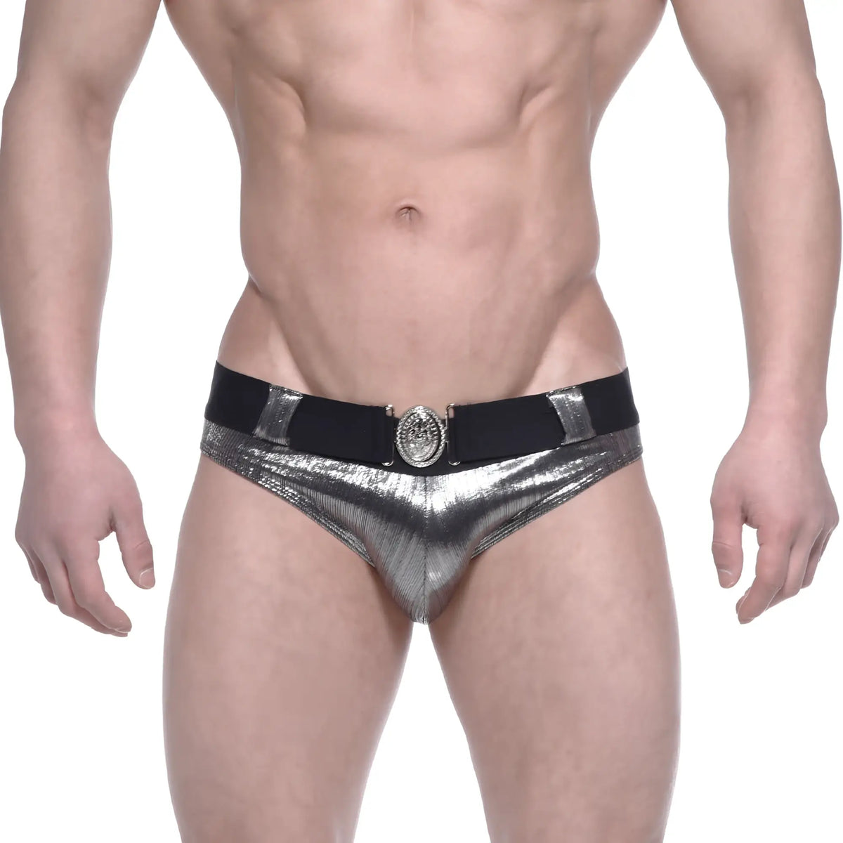 MetroMaleWear stars swim brief silver shiny metallic with black elastic waistband and ornate circular buckle