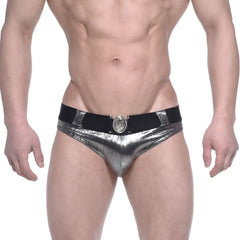 MetroMaleWear stars swim brief silver shiny metallic with black elastic waistband and ornate circular buckle