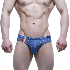 Metromalewear stella hip brief 5123-90 blue star patterned men’s briefs with red and white striped side panel