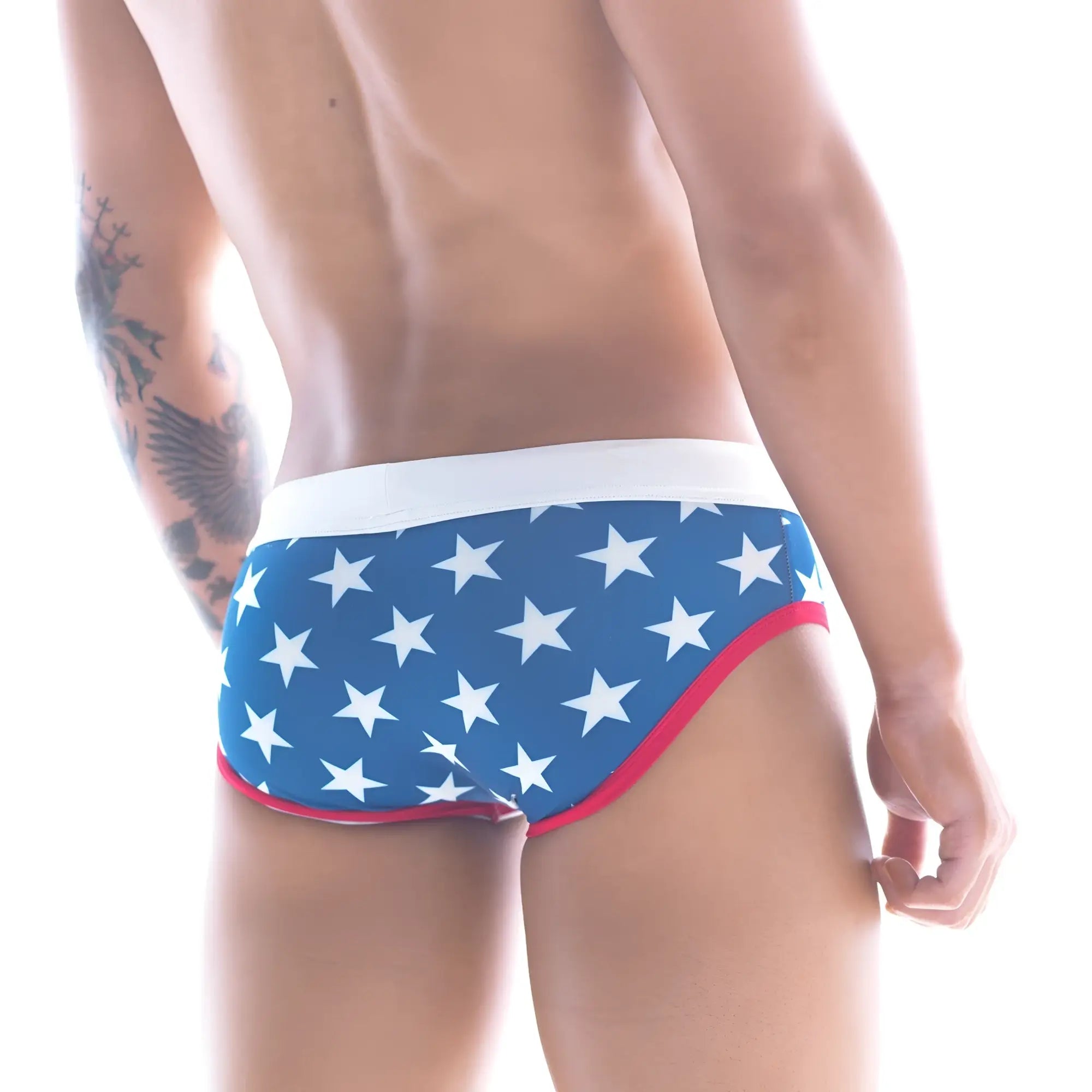 MetroMaleWear Stella swim brief 4916-92 blue swim trunks with white stars and red trim for men’s swimwear