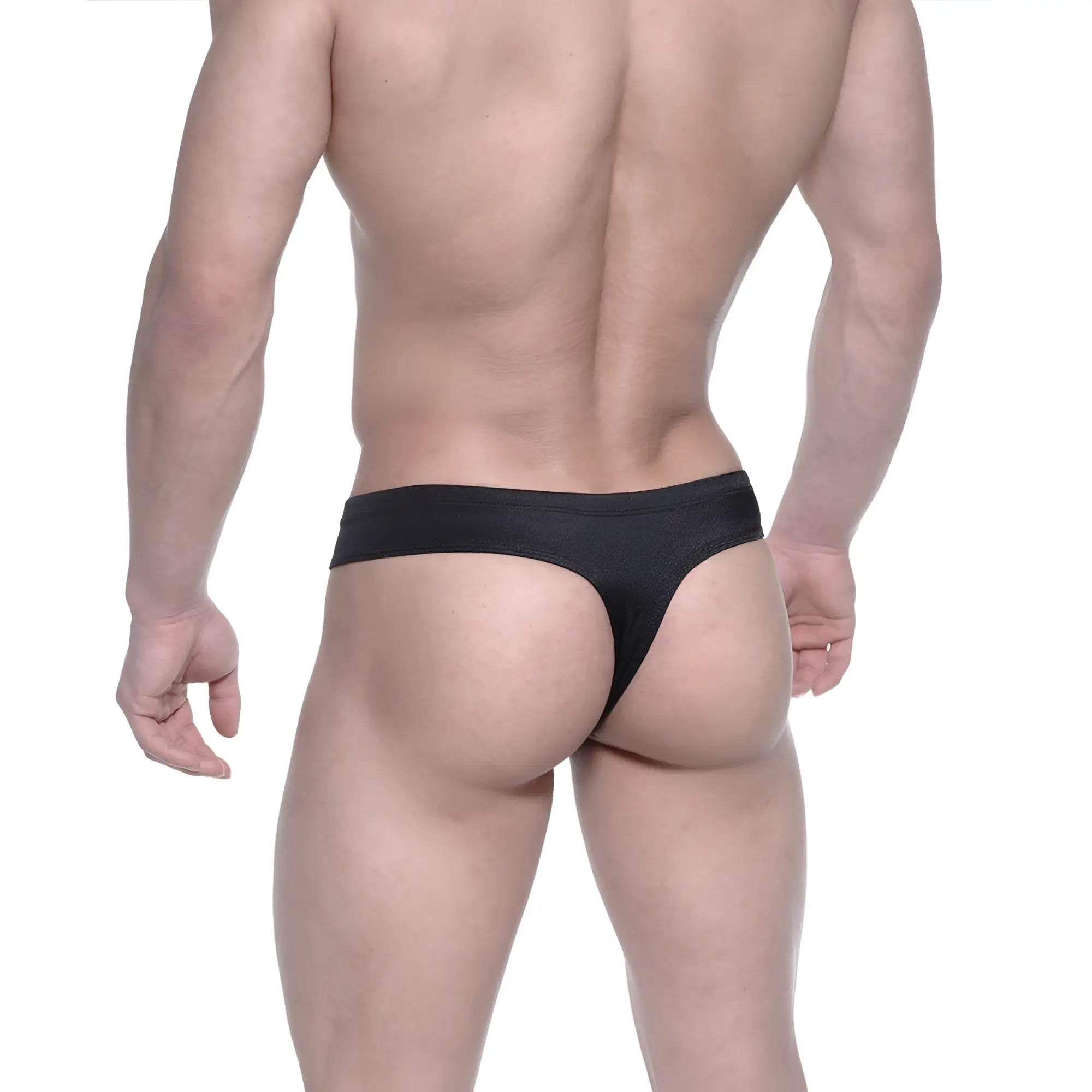 Black metro male wear street swim thong made of stretchy fabric with smooth seamless design front view