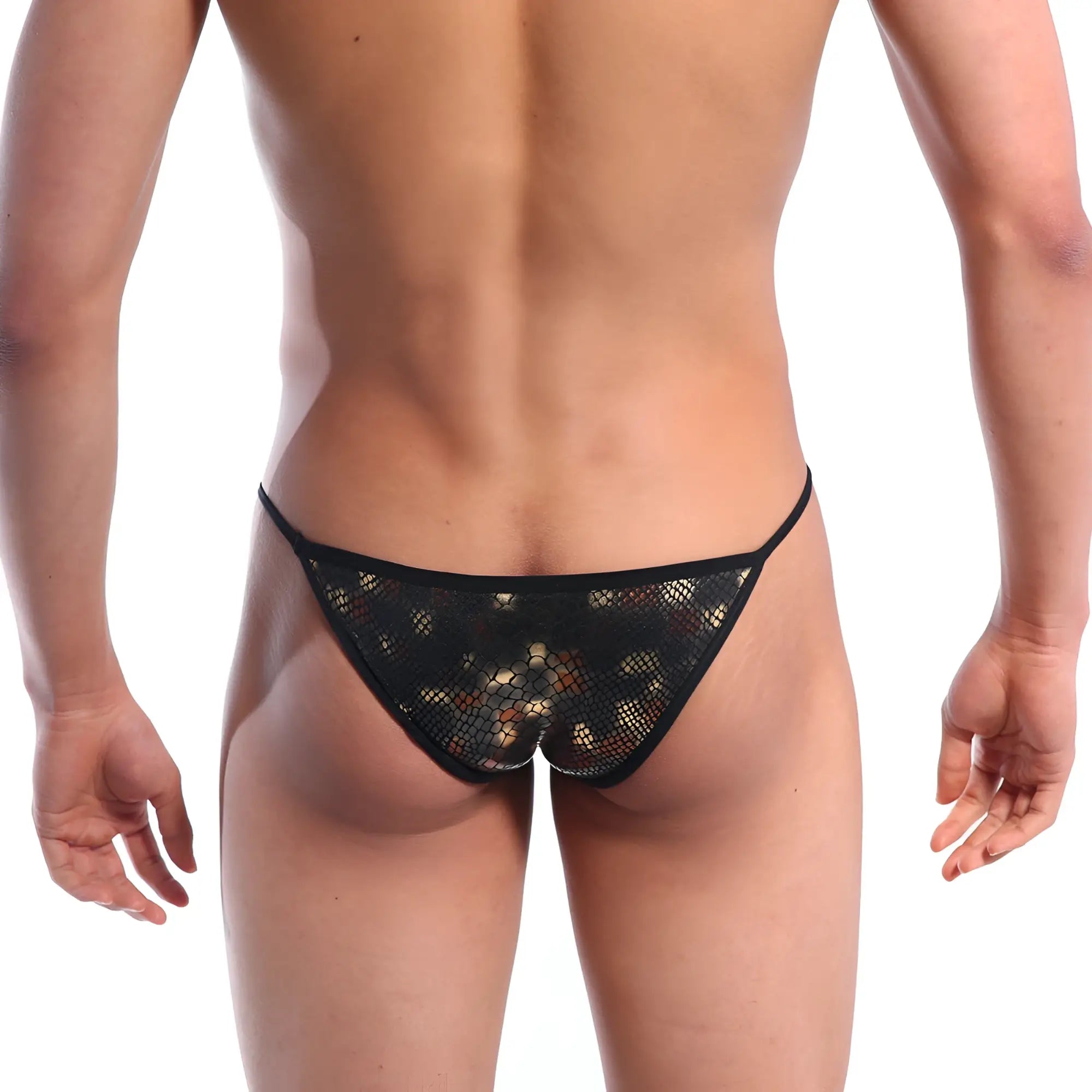 Black mesh thong string bikini with subtle gold and brown pattern from MetroMaleWear dragon 2005-42 collection