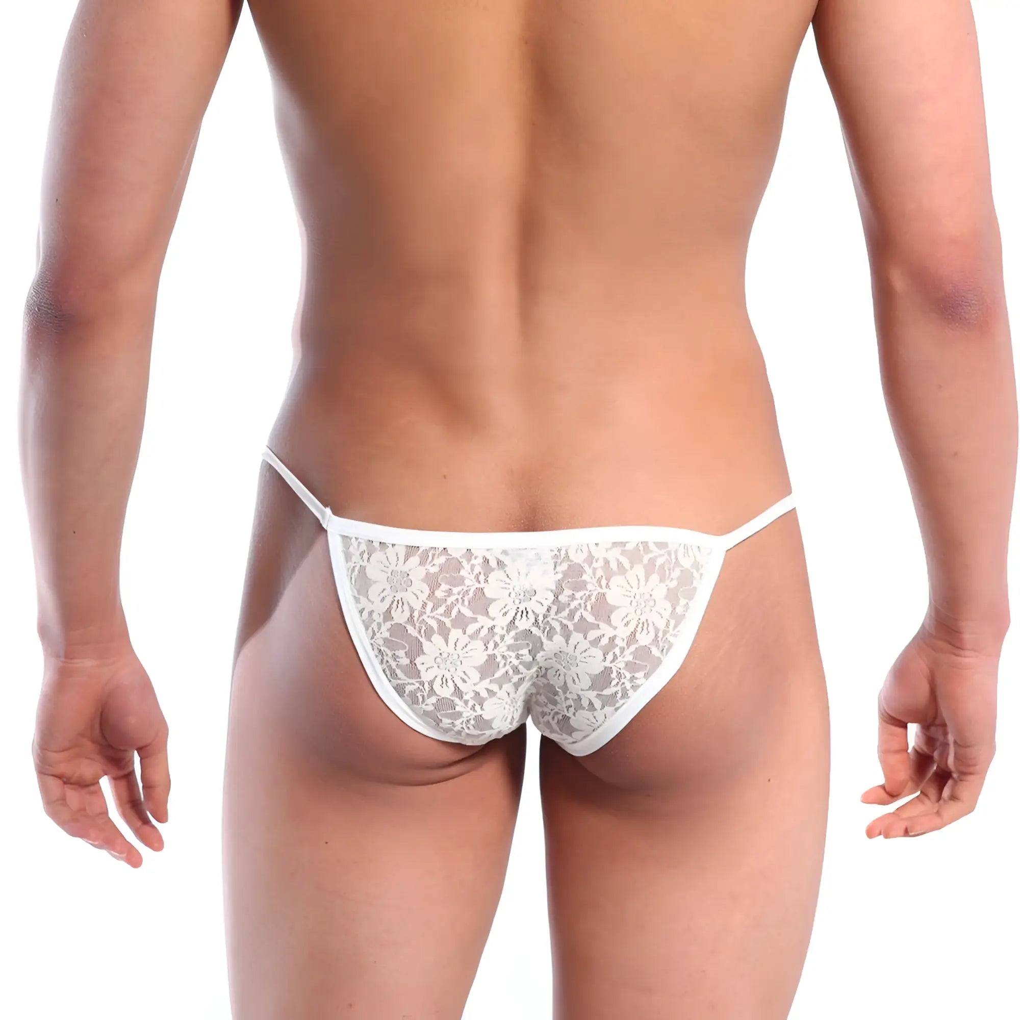 White floral lace thong by metromalewear featuring string bikini style in nude color and delicate lace material