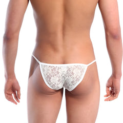 White floral lace thong by metromalewear featuring string bikini style in nude color and delicate lace material