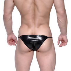 Black shiny patent leather thong with thin side ties metroMalewear string bikini metal black 2005-30 front view