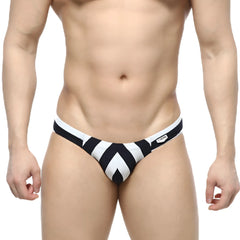 Black and white striped men’s briefs with chevron pattern from metromalewear stripe bikini 5103-29 in front view