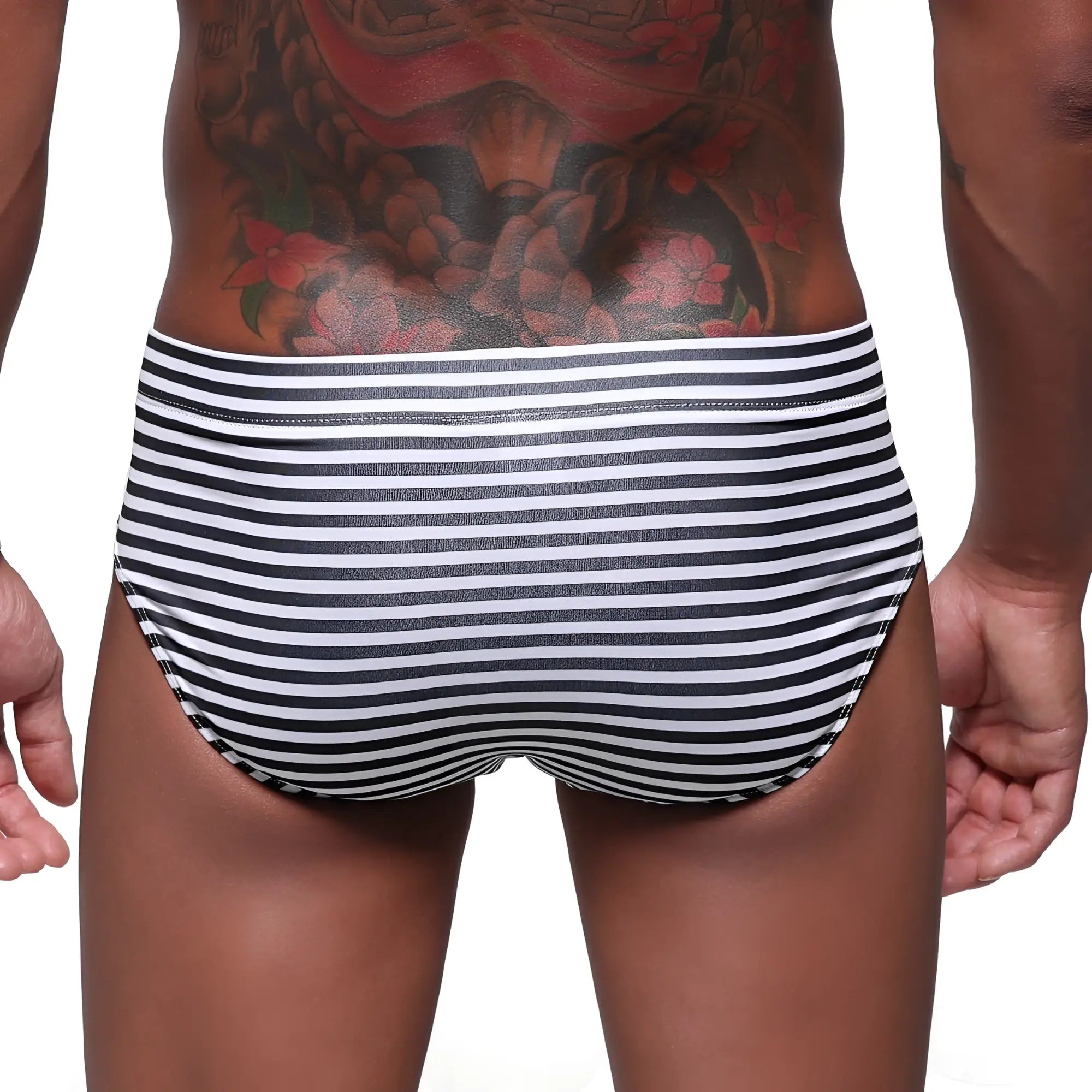 Metro male wear stripe swim brief black 4928-03 black and white striped snug fit men’s swim trunks front view