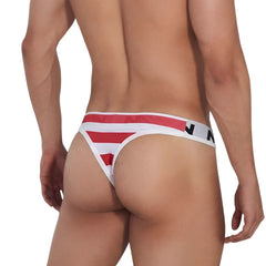 MetroMaleWear stripe thong 2502-92 with white and red stripes and black logo on waistband front view
