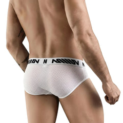 MetroMaleWear Suena brief white mesh fabric with a black logo band for comfortable everyday wear