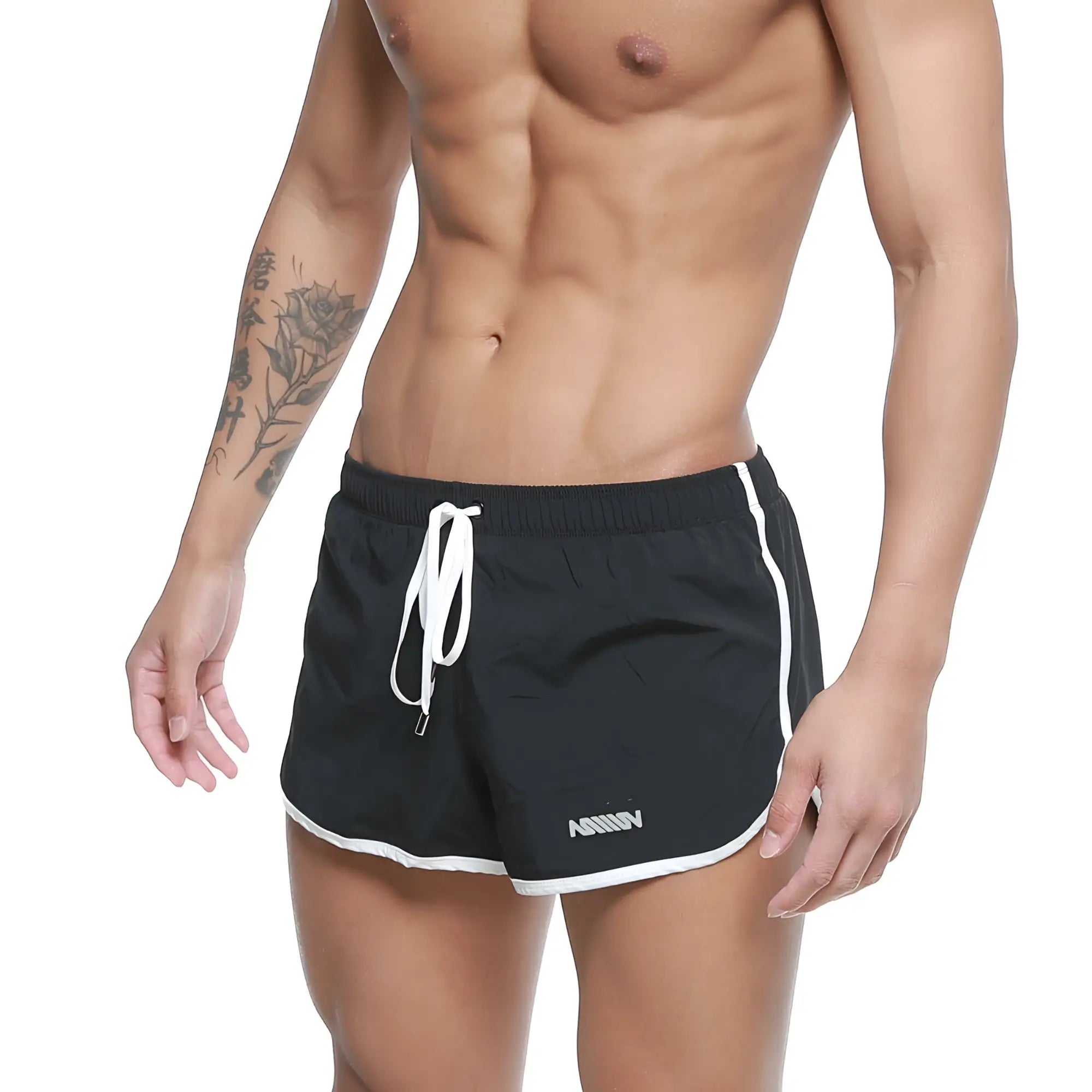 MetroMaleWear summer swim shorts black with white side stripes drawstring and small logo on lower left leg