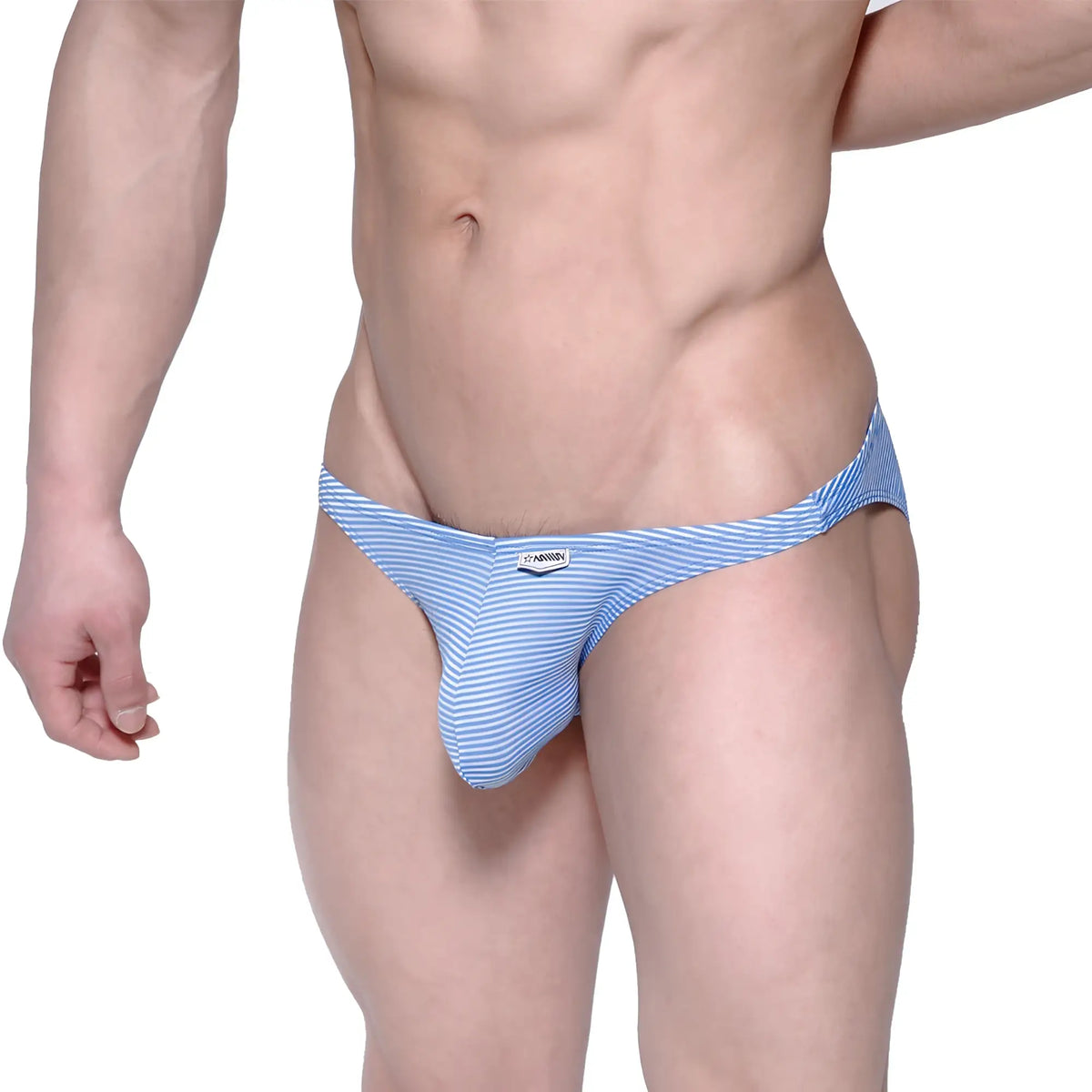 MetroMaleWear sunbathing bikini blue stripe 2004-40 men’s briefs with snug form-fitting blue and white stripes