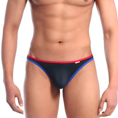 Black athletic briefs MetroMaleWear sunbathing bikini with red and blue trim suitable for swimwear and sportswear