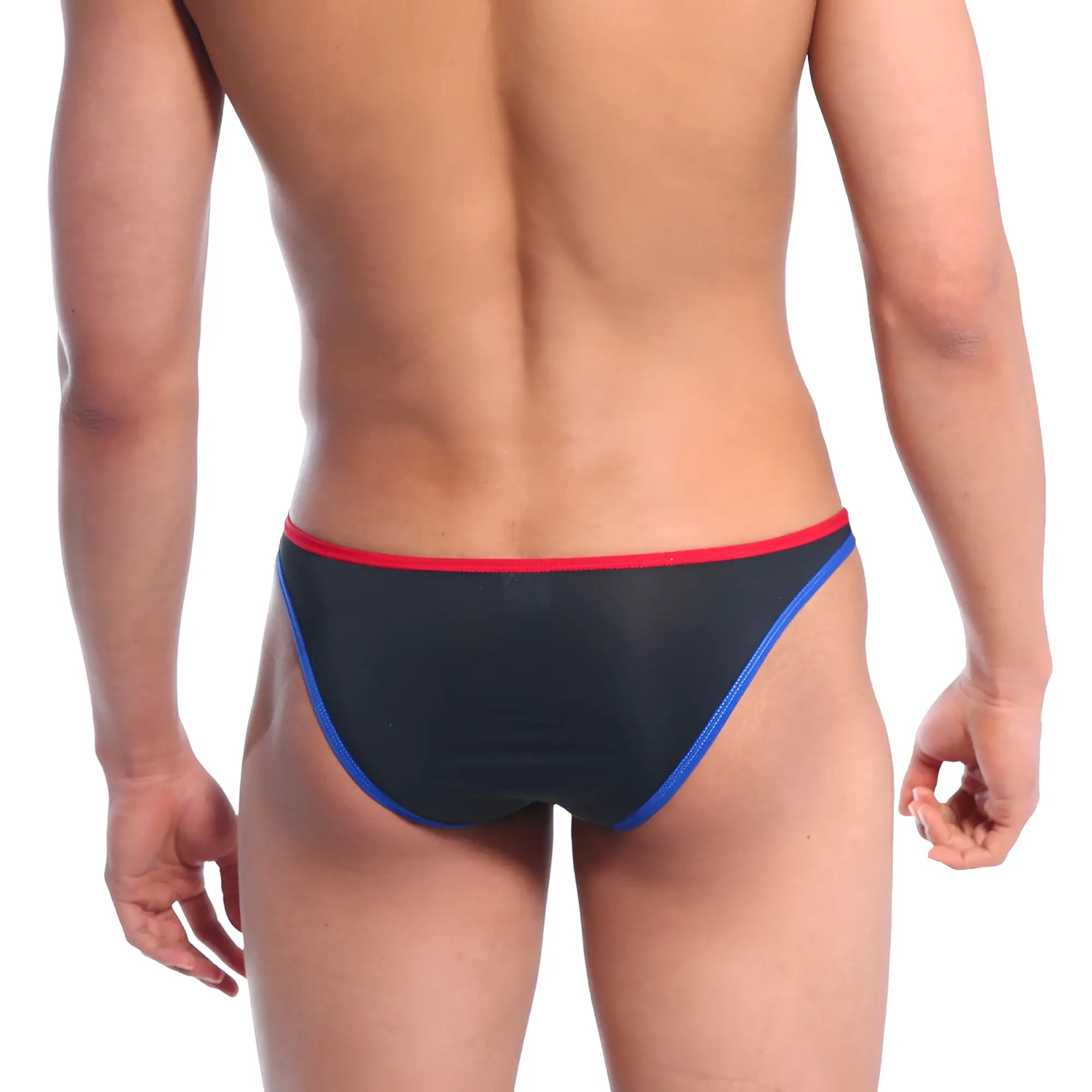 Black mesh briefs with red and blue trim from metromalewear sunbathing bikini italic black 2004-51