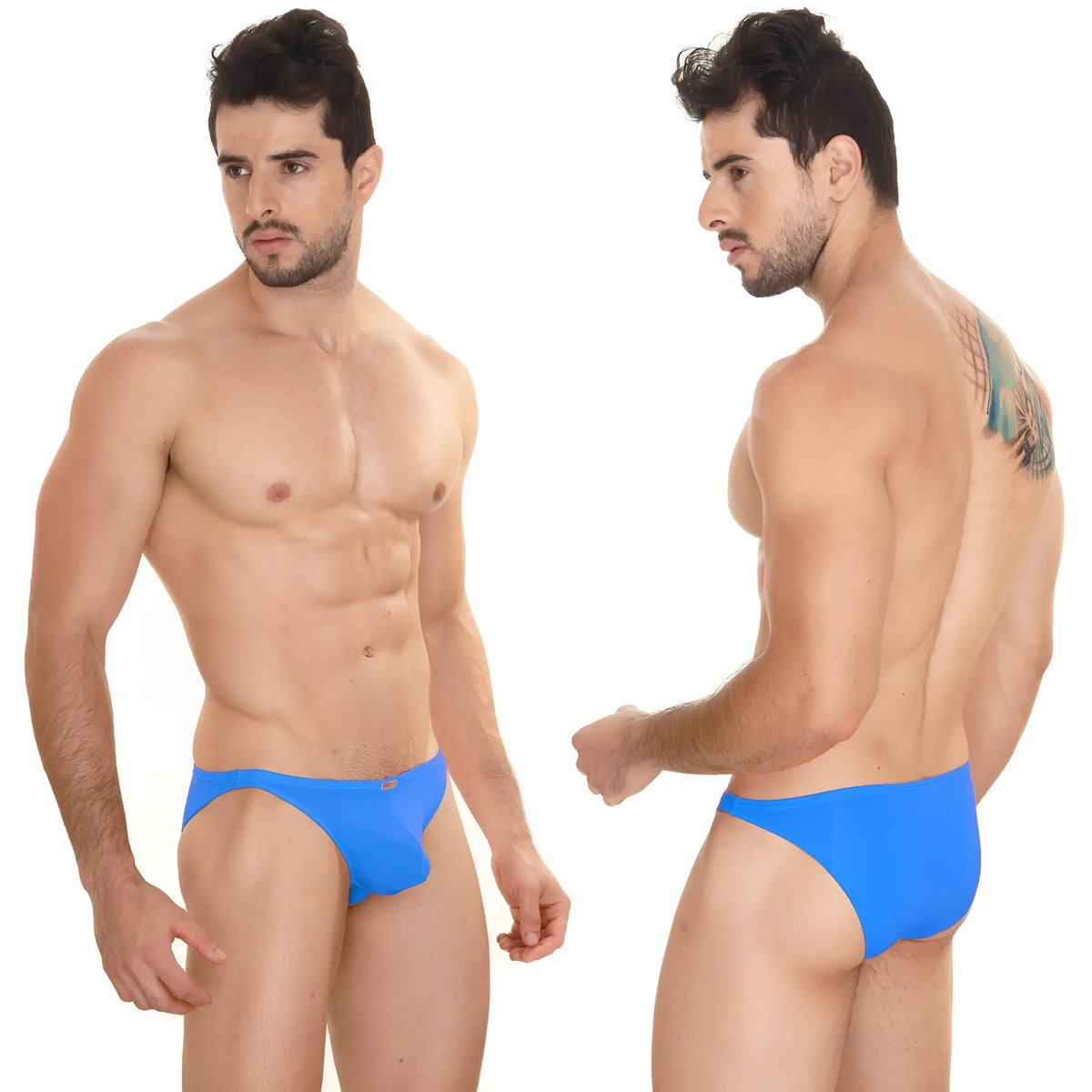 Bright blue form-fitting swim trunks with subtle MetroMaleWear logo designed for sunbathing use