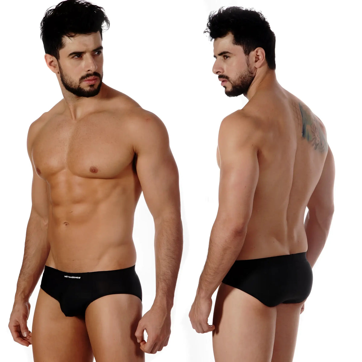 Black MetroMaleWear sunbathing brief with subtle white logo on waistband designed for comfortable swimwear use