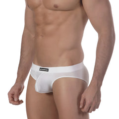 White sheer mens briefs with black MetroMaleWear label on waistband designed for sunbathing in style