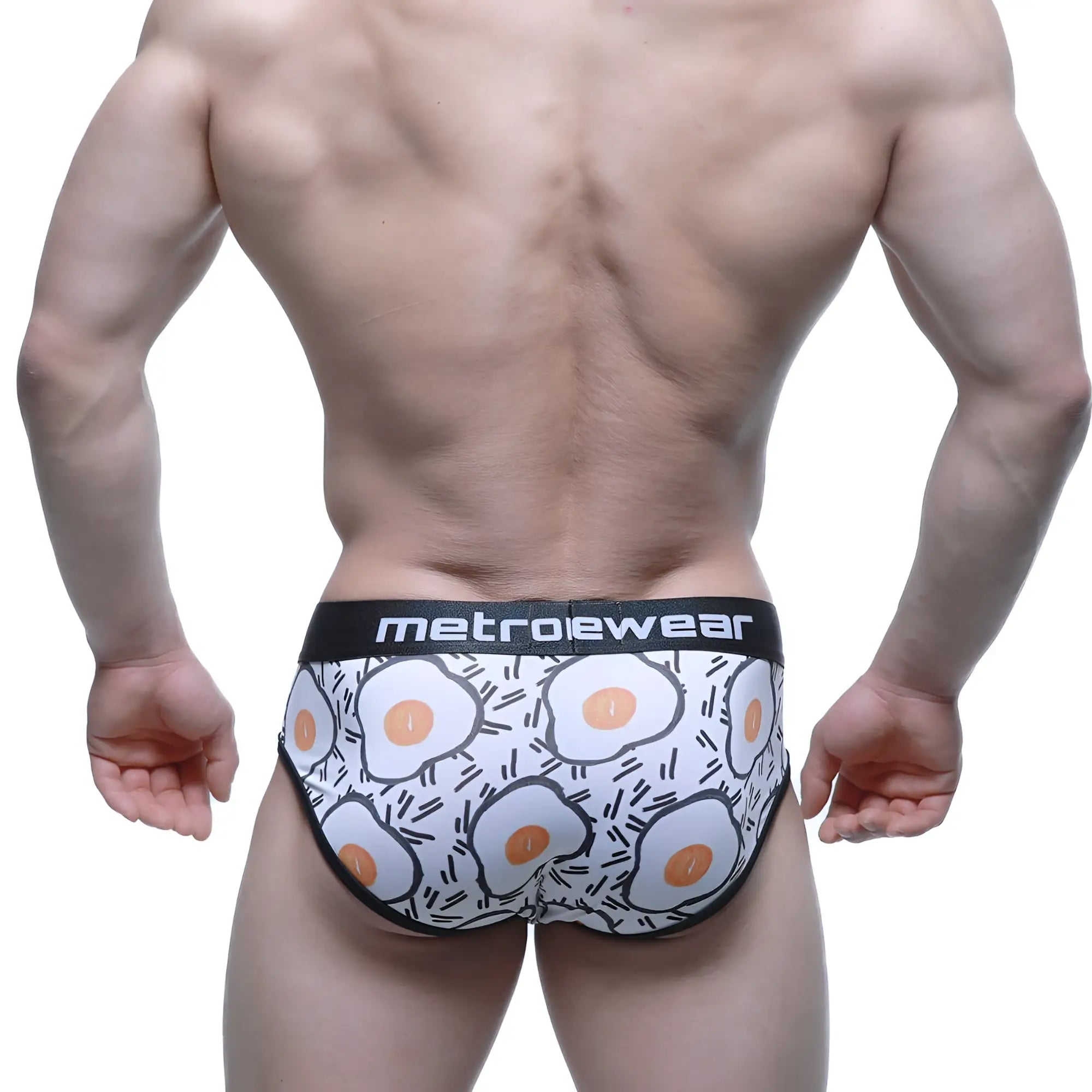 White briefs with cartoon fried eggs pattern and metroewear logo on waistband metro malewear sunny side brief 5203-64