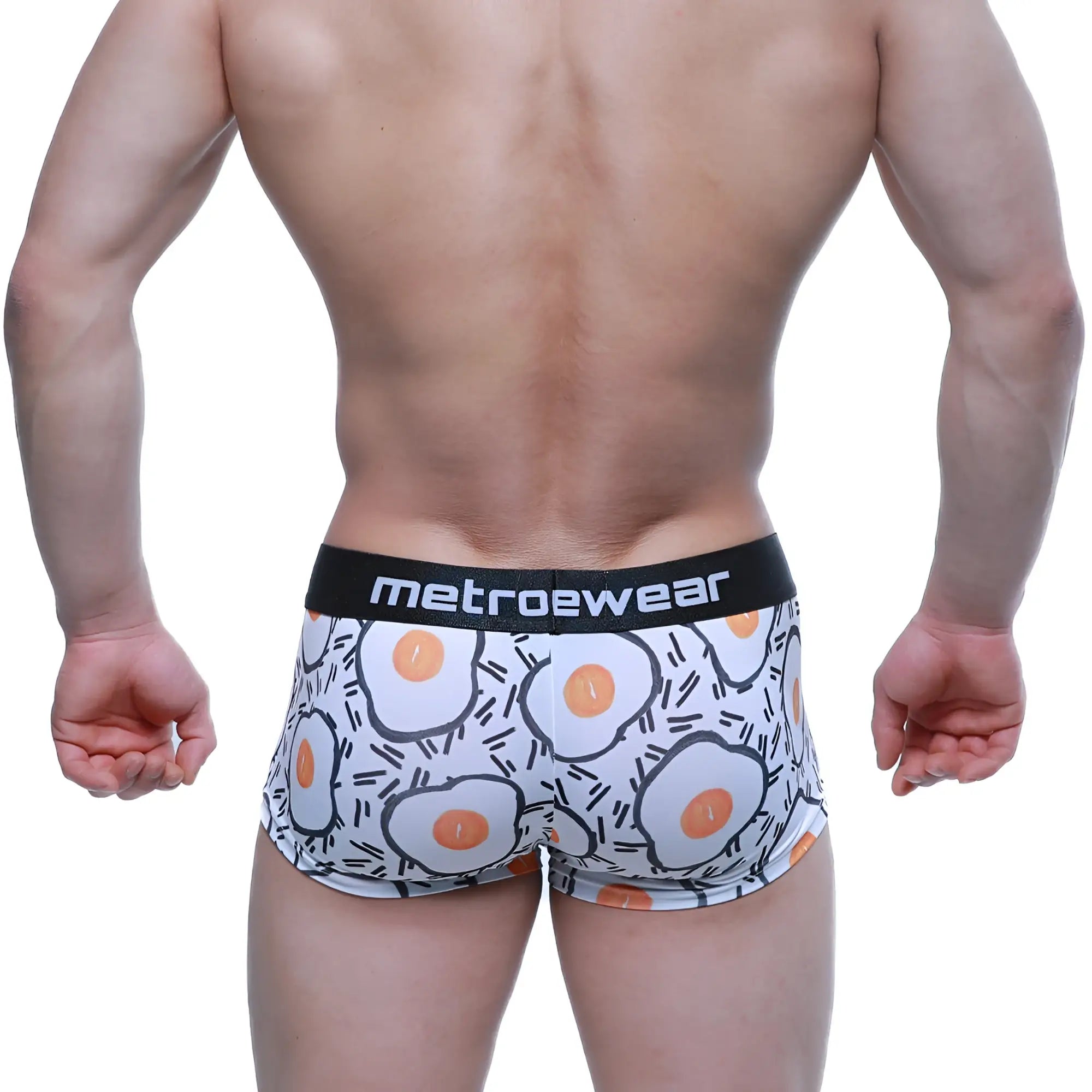 White boxer briefs by MetroMaleWear featuring playful fried egg patterns and a black metroewear waistband