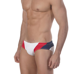 MetroMaleWear sunrise bikini white 4919-00 swim trunks with red white navy blue stripes and modern geometric design