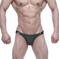 Dark green metro malewear sup bikini briefs with black elastic waistband featuring white lettering