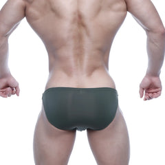 Dark green MetroMaleWear SUP bikini swim trunks with form-fitting smooth stretchy fabric for comfortable wear