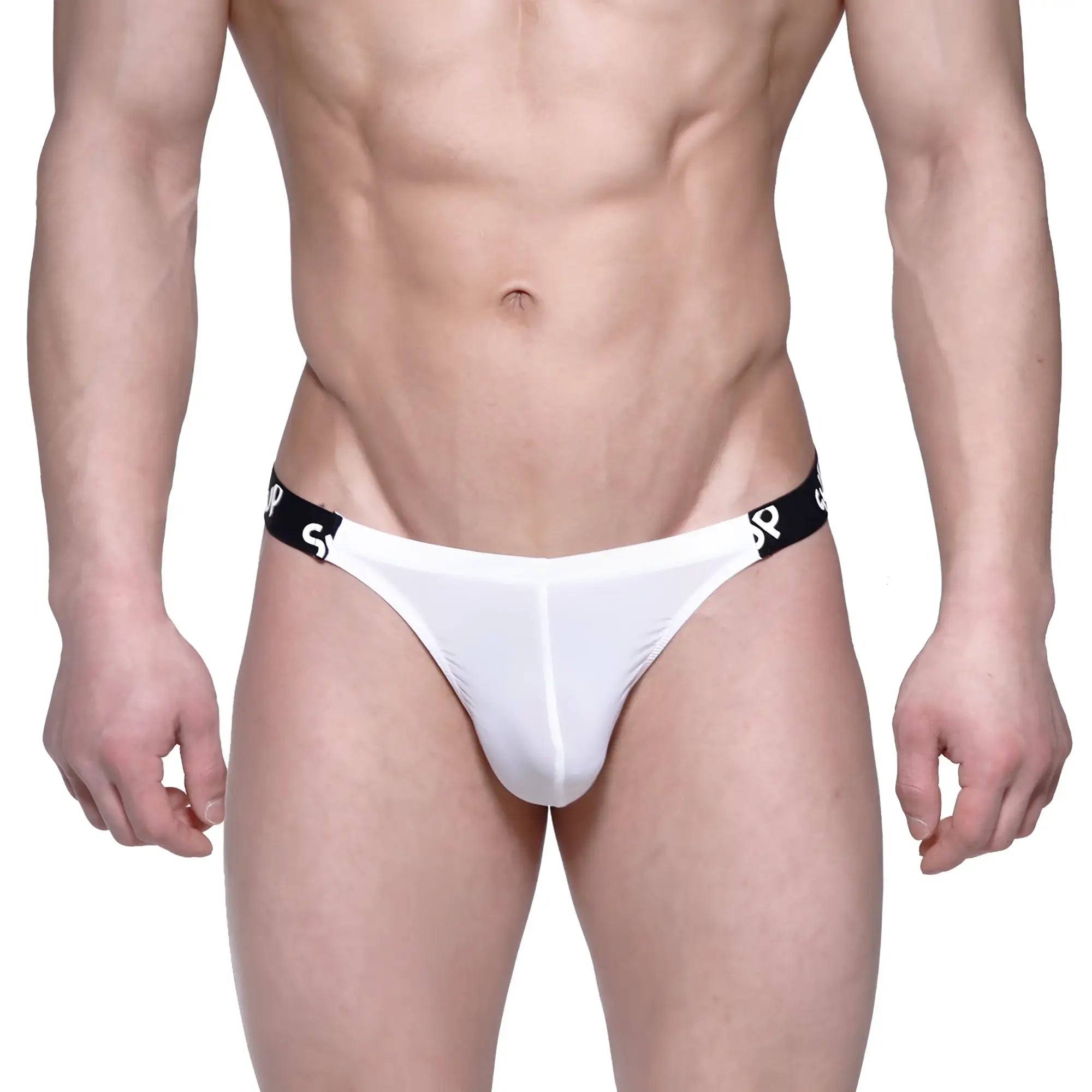 White thong bikini from MetroMaleWear SUP featuring a black elastic waistband with repeating logo pattern