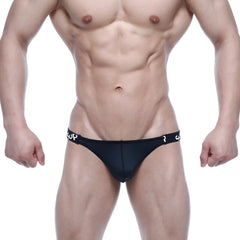 Black mesh metro malewear sup jock strap with white sup logo on waistband model 3601-20 front view