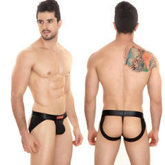 MetroMaleWear super jock strap black leather-like thong with wide waistband and rear cutouts shown from the back side