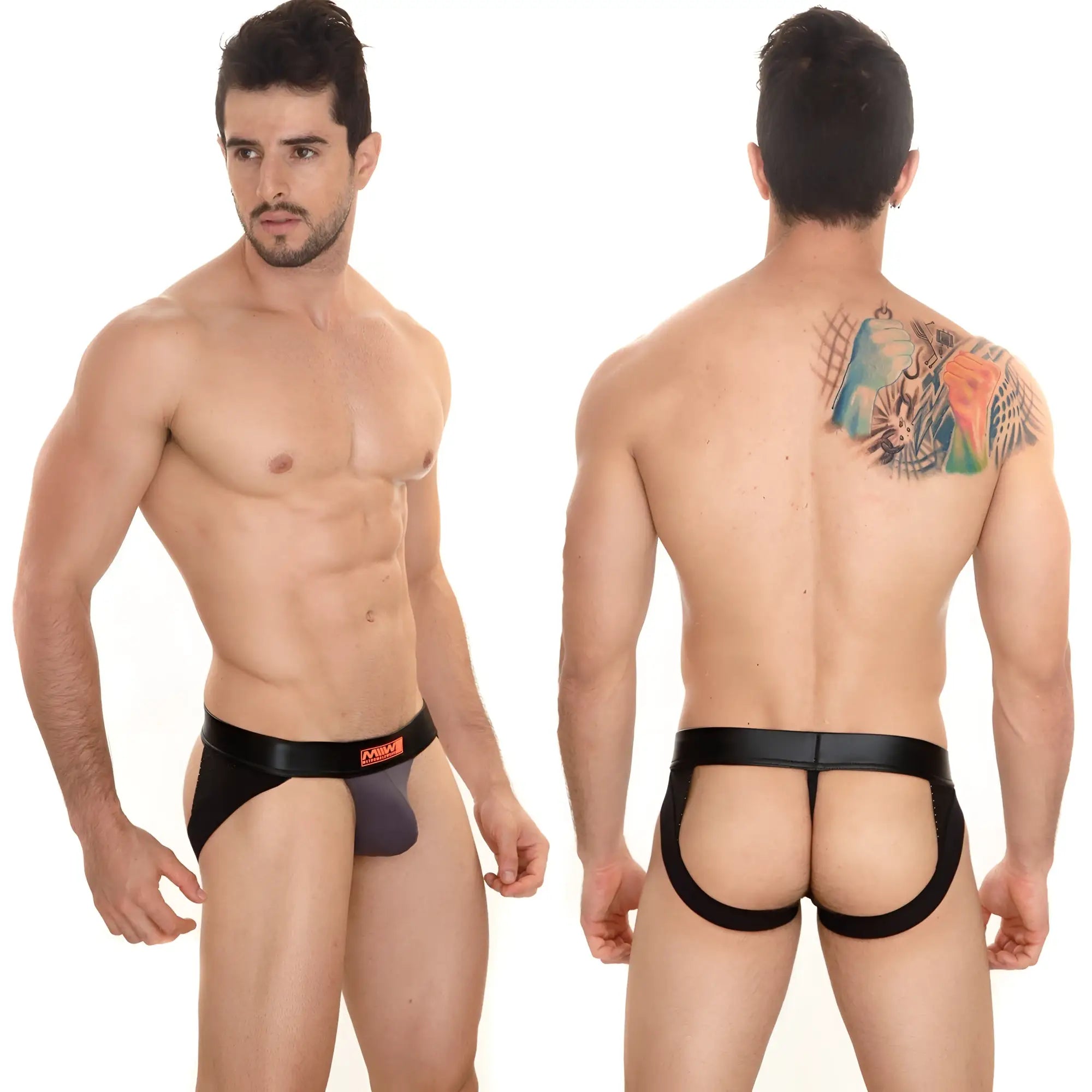 Black leather thong with a purple inner panel and orange logo on the waistband from metromalewear super jock strap charcoal 2001-11