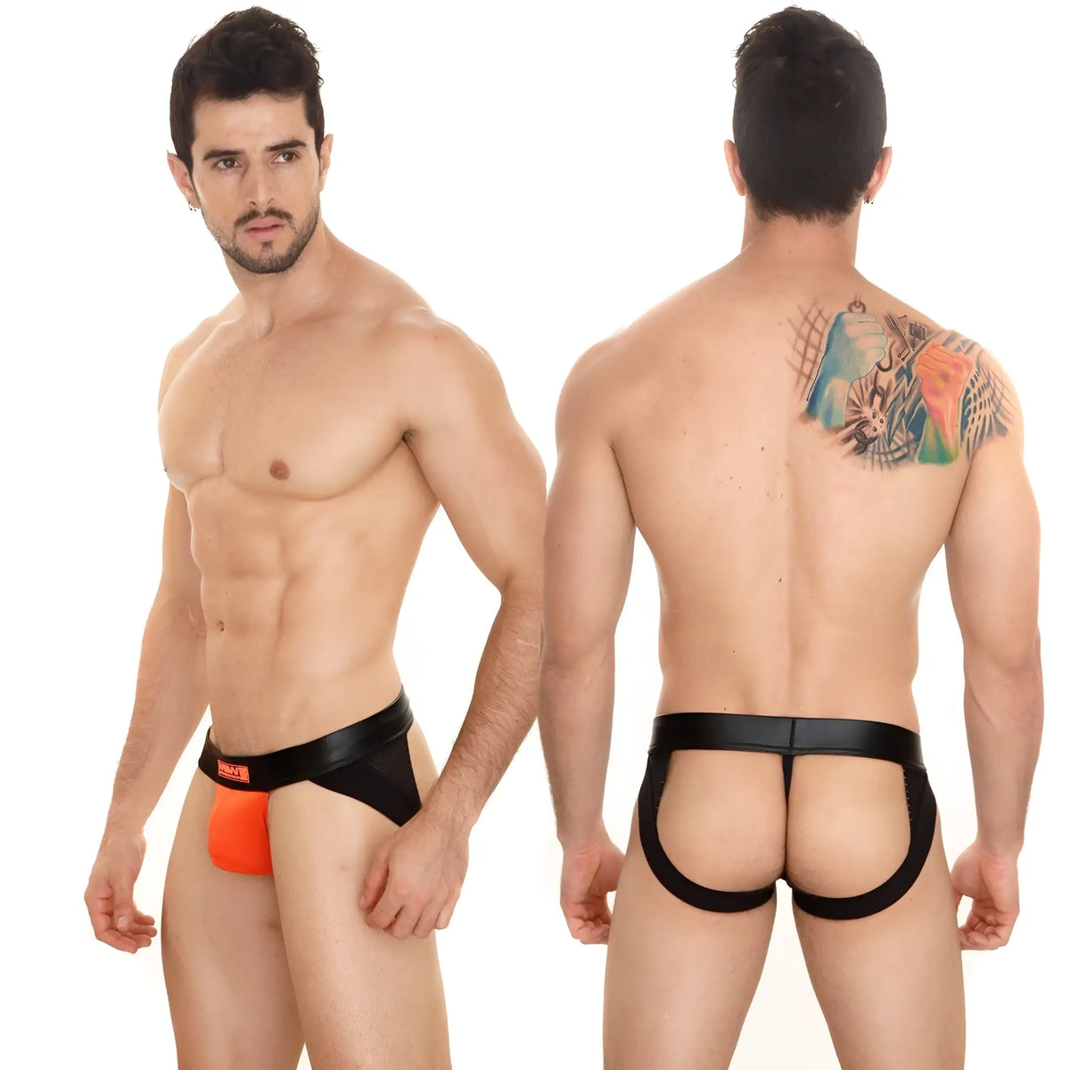 Black and orange metroMalewear super jock strap thong with black elastic waistband and brand logo visible